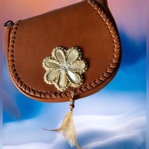 Vera Pelle Italian Leather Saddlebag Crossbody with Bead/Feather Embellishment